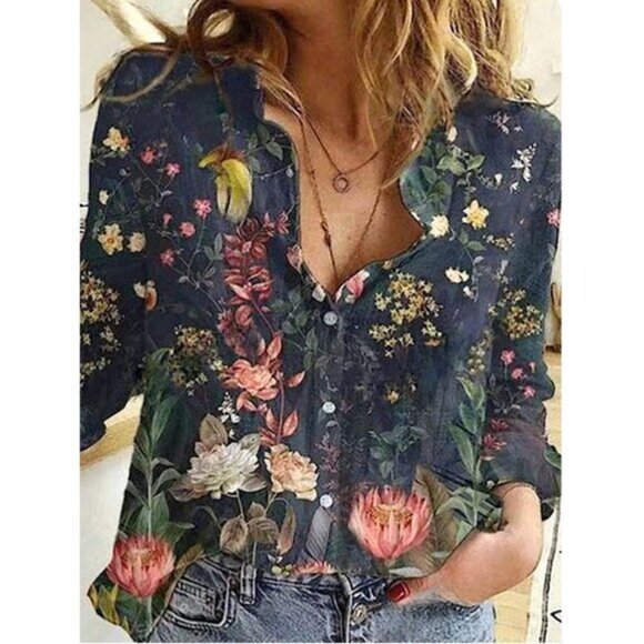 Tops - Boho Floral Print Blouse Blue